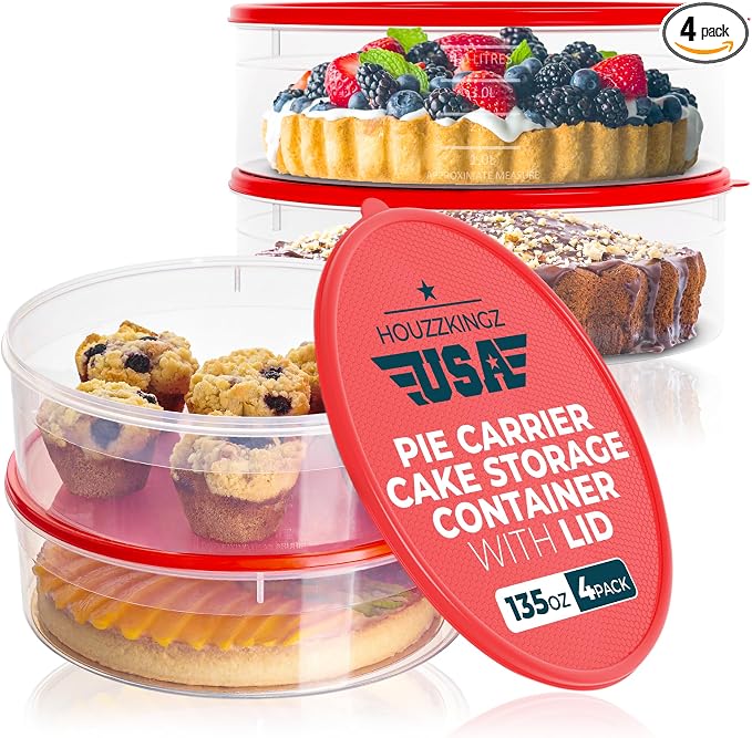 4 Pack Pie Carrier Cake Storage Container with Lid | 10.5" Large Round Plastic Cupcake Cheesecake Muffin Flan Cookie Tortilla Holder Storage Containers Airtight | Pie Keeper Transport Container by Houzzkingzusa