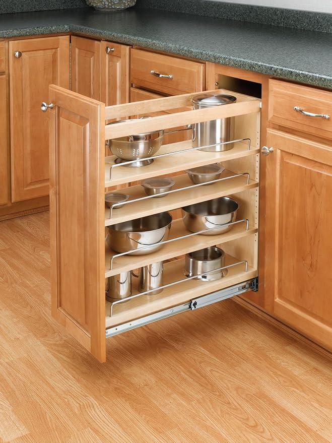 Rev-A-Shelf 448-BC-8C 8-Inch Base Cabinet Pullout Storage Organizer with Adjustable Wood Shelves and Chrome Rails - Image 4