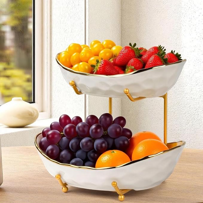 Ceramic Fruit Bowl,2-Tier Countertop Fruit Basket with Metal Stand,Space Saving Modern Tiered Fruit & Snack Stand for Kitchen, Party, Desserts, Nuts and Cake(Gold, 2 Tier) - Image 7