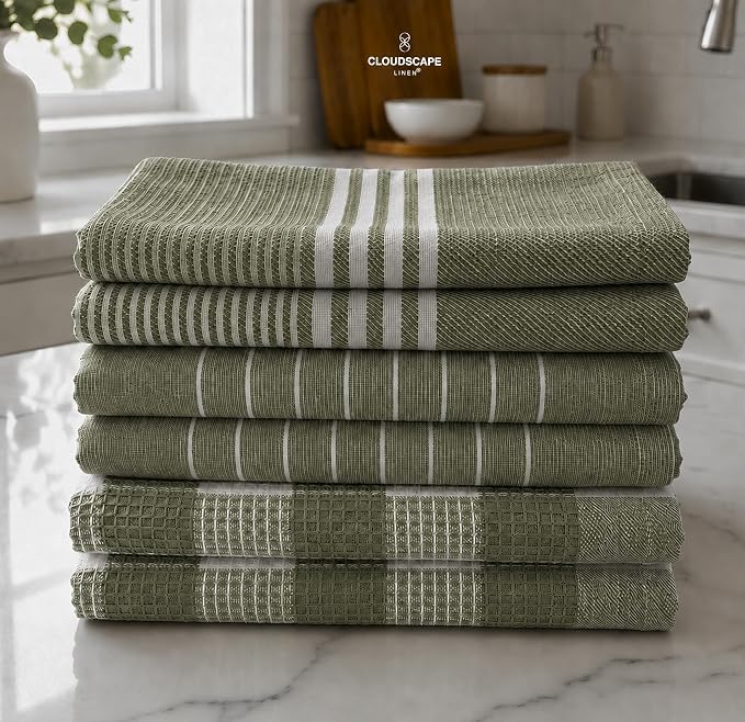 CSL Premium Kitchen Towels Set of 6,Highly Absorbent,Quick Dry,18x28,Green by CloudScapeLinen