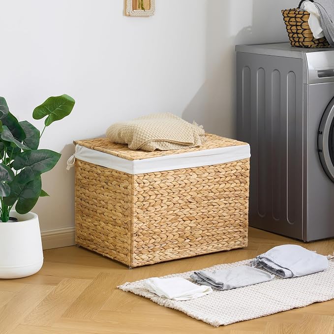 Water Hyacinth Storage Basket with Lid, 31.7 Gallon (120L) Wicker Shelf Basket with Removable Liner, Wicker Storage Basket for Blanket, for Livingroom, Bedroom, Natural - Image 2