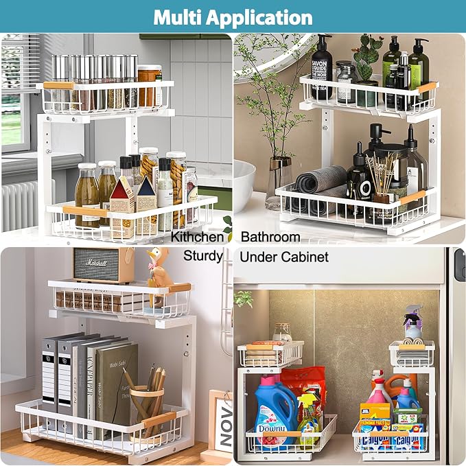 Liuoud Under Sink Organizer 2 Pack, 2 Tier Slide Out Large Capacity Height Adjustable Under Sink Organizers and Storage for Kitchen Bathroom Cabinet, White - Image 8