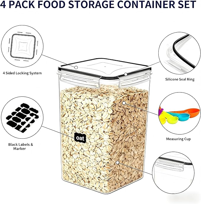 4pc 6.5L Large Airtight Plastic Canisters with Lids, Cups & Labels | Large BPA-Free Plastic Food Storage with Labels for Spaghetti, Cereal, Oats & Kitchen Pantry Organization, 4 Pack - Image 3