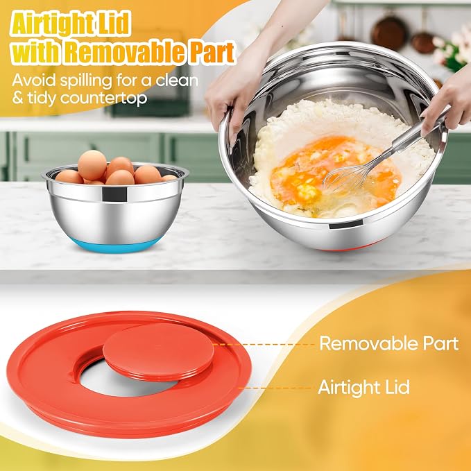 E-far Stainless Steel Mixing Bowls with Lids Set, 5-Piece Nesting Salad Bowls with 3 Grater Attachments and Non-Slip Bottoms, Size 4.6, 2.6, 2, 1.5, 1QT for Kitchen (Colorful) - Image 6