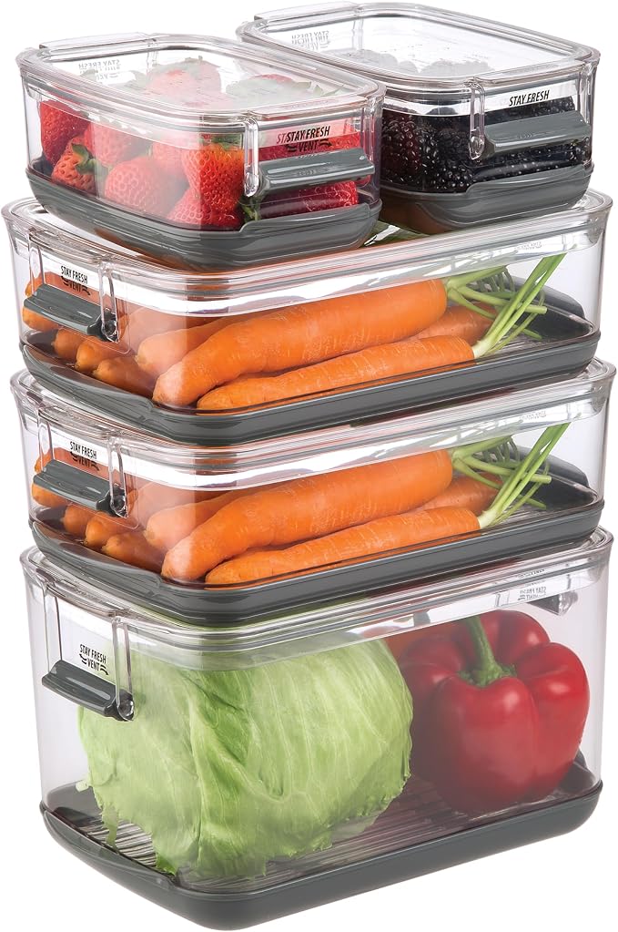 Progressive International Prepworks ProKeeper Food Fresh Produce Storage Container Set, 5- Piece, Clear Containers with Gray Sealed Tight Lids - Image 2