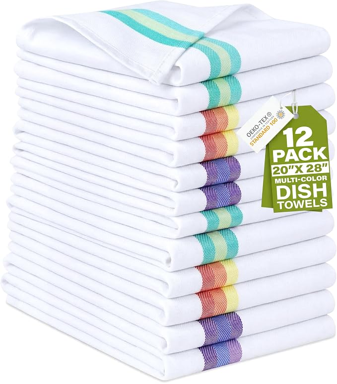 100% Cotton Kitchen Towels - 12 Pack of Highly Absorbent Dish Towels for Kitchen with Hanging Loop - Large 20"x28" Washable Towels - Assorted Colors by Harringdons