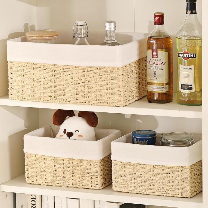 Wicker Basket, Set of 3 Hand-woven Storage Baskets for Organizing, Decorative Bathroom Wicker Storage Basket Bins with Handles, Small Toilet Paper Storage Baskets for Shelves & Decor, Beige - Image 5