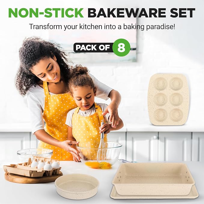 NutriChef 8-Piece Stackable Bakeware Set | Carbon Steel Non-Stick Baking Pan Set | Includes Sheet, Muffin, Round, Loaf, Square Cake & Deep Pans | No PFOA & PFOS | Oven Safe to 450 F | Marble Cream - Image 2