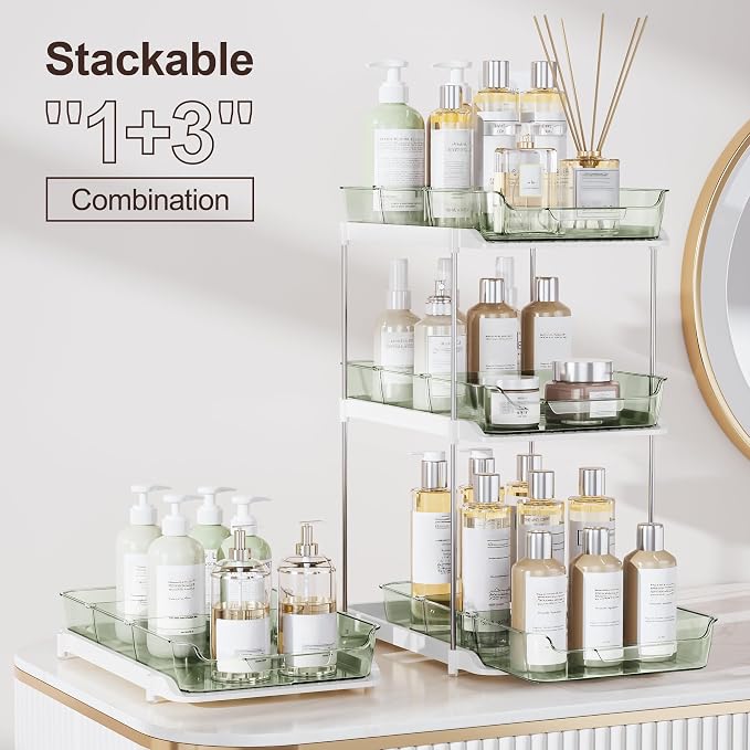 Delamu 2-Tier Multi-Purpose Bathroom Under Sink Organizers and Storage, Stackable Kitchen Pantry Organization, Pull Out Medicine Cabinet Organizer with Movable Dividers, Light Green, 4 Pack - Image 3