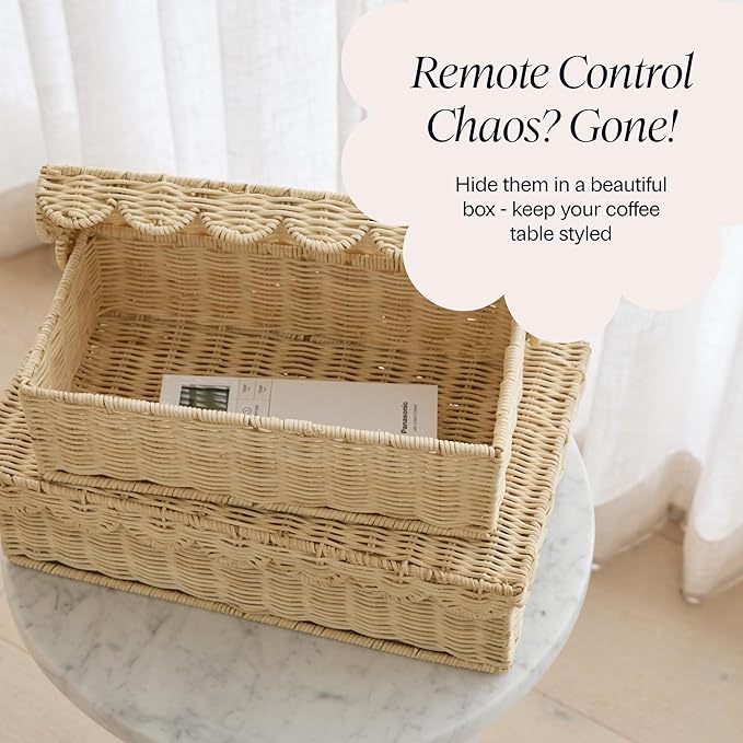 BEBE BASK Stackable Decorative Storage Boxes with Lid, Set of 2-14×8×4 in | Handwoven, Scalloped Wicker Basket for Home Decor, Baby Keepsake Box & Memory Box for Keepsakes for Nursery - Image 5