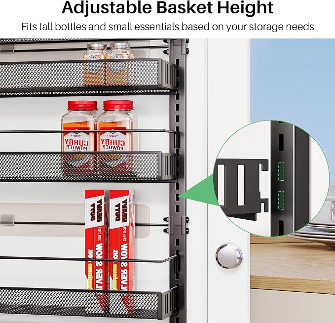 SNTD 8 Tiers Over the Door Organizer, 17" W x 6" D x 69" H, Black | Pantry Door Organizers and Storage, Height Adjustable Spice Rack, Dense Mesh Baskets, Anti-Swing, Adjustable Door Fastener - Image 4
