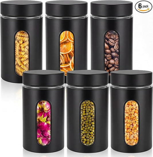 Patelai 6 Pack Kitchen Canisters Set Airtight Stainless Steel Canister Food Storage Container with Window Glass, Coffee Sugar Candy Jars Tea Organizer for Flour Cookies Spice (Black,32 oz) by Patelai