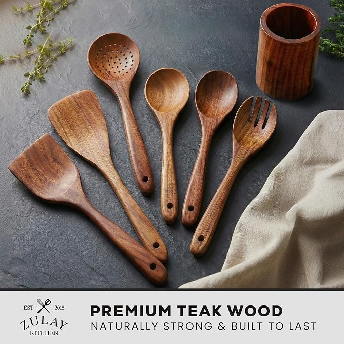 Zulay Kitchen 7-Piece Wooden Cooking Spoons Set – Heat-Resistant, Smooth Teak Utensils with Comfort Grip – Lightweight & Durable – Easy to Clean, Perfect for Non-Stick Cookware - Image 2