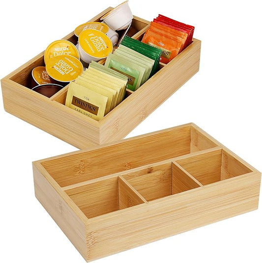 2 Pack Bamboo Tea Bag Organizers, Wood Tea Bag Storage for Drawers, Coffee Drawer Organizer for Coffee Station, Sugar Packet,Small Packet,Each Outer Dimension:10 x 6.5 x 2.2inch by VOCMUGY