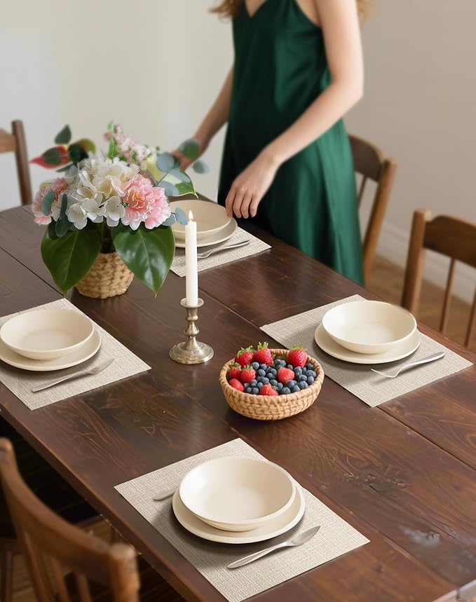 Leetaltree Beige Placemats Set of 6 - Heat-Resistant, Non-Slip Table Mats, Washable Woven Vinyl for Indoor & Outdoor Dining - Image 3