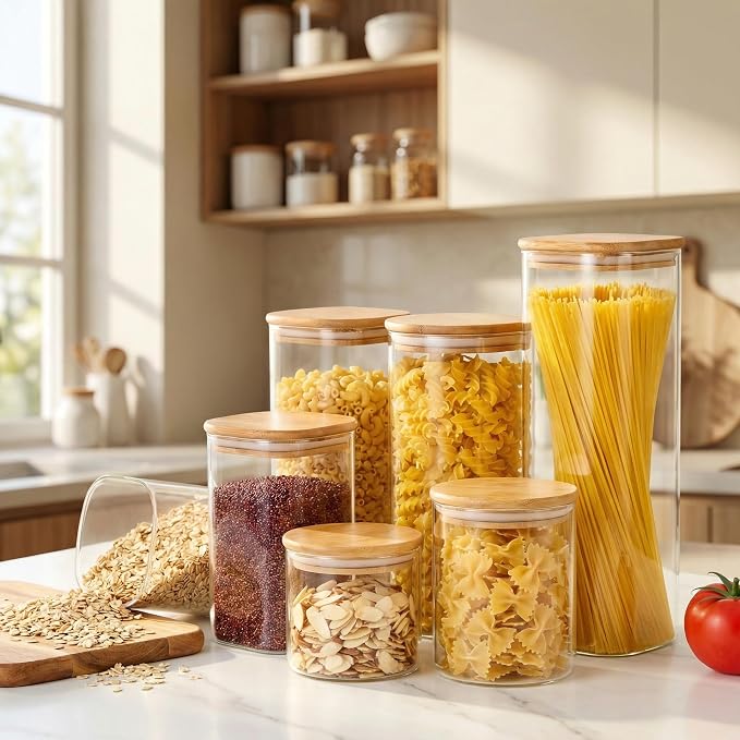 HomArtist Square Glass Jars with Bamboo Lids [Muti Size Set of 5], Glass Canisters with Airtight Lids, Glass Food Storage Containers for Pasta, Cereal, Flour, Sugar, Best for Kitchen & Pantry | 79oz/53oz/27oz Airtight Storage Jars for Pantry & Kitchen,... - Image 2