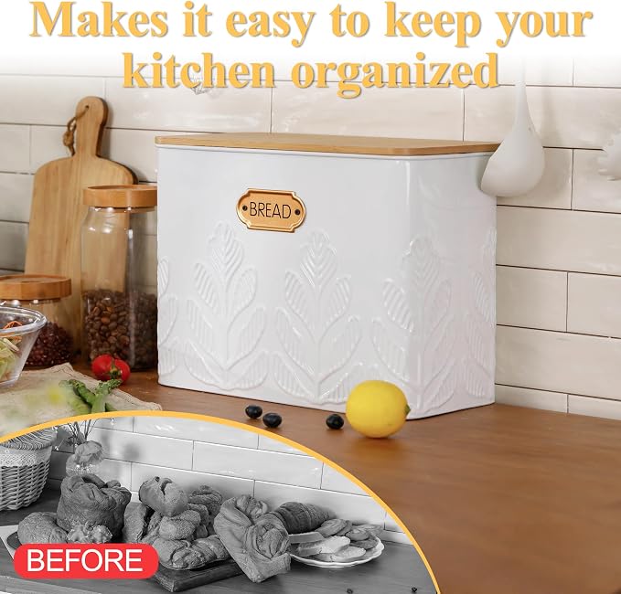 Extra Large Plant Pattern Embossed Bread Box with Bamboo Lid | Corner Breadbox for Homemade Bread, White Metal Bread Storage Container Bin for Kitchen Countertop, Fits 2 Loaves of Bread - Image 7