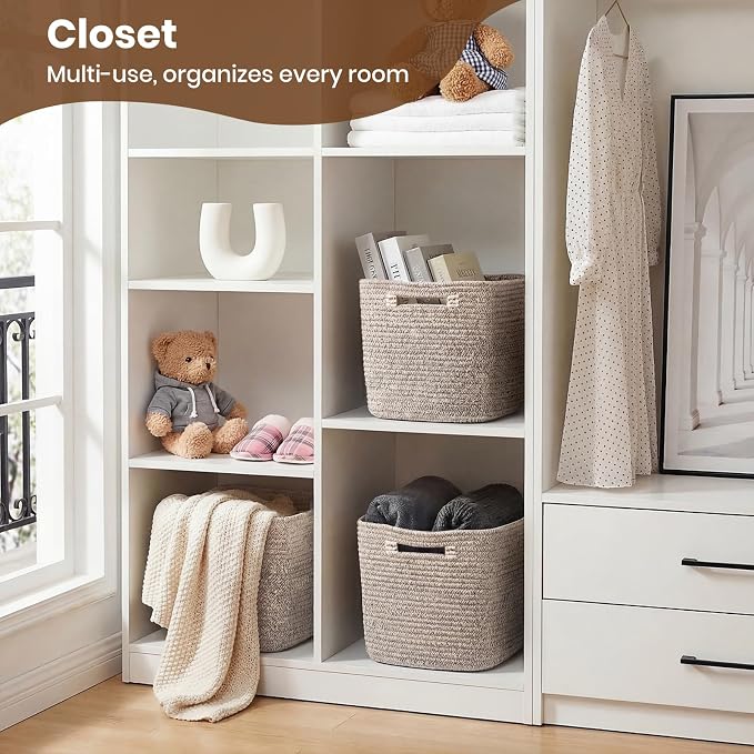 Storage Baskets for Organizing, 14 x 10 x 9” Closet Shelf Woven Baskets, Square Bins with Handles, Cotton Rope Basket for Clothes, Office, Room, Brown 4 Pack - Image 4