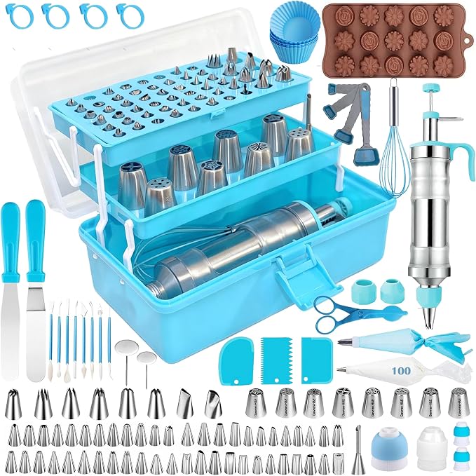 Gawren-H&E 208PCS Cake Decorating Kit with Icing Dispenser Gun for Beginner | Cake Decorating Supplies with Frosting Piping Kit,Piping Bags and Tips Set,Spatulas,Chocolate Moulds and more-Baking Supplies by Gawren-HE