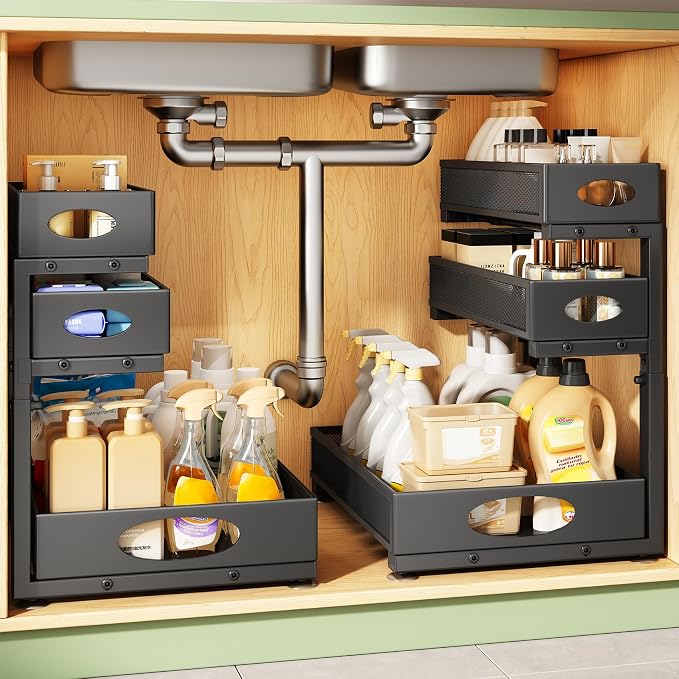 Kitstorack Under Sink Organizer 3-Tier Slide Out Drawer 2-Pack Black | Height Adjustable, Metal Mesh Storage Rack, Pull out Cabinet Organizer Shelf for Bathroom Kitchen Pantry Home Organization by Kitstorack