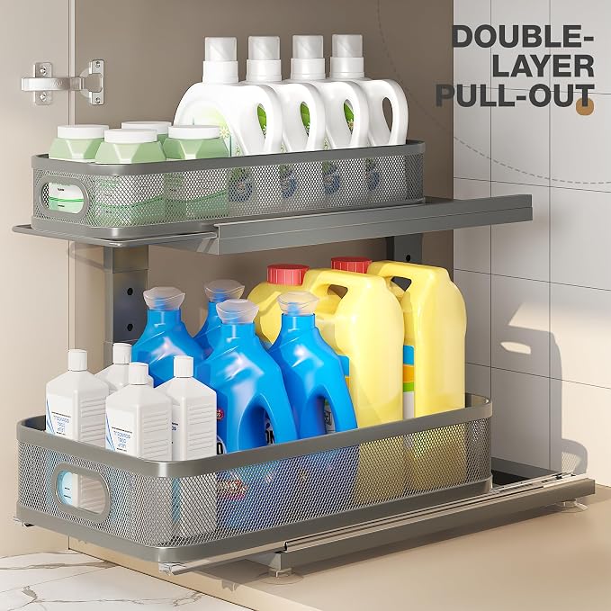 2 Pack 18.5IN-Depth Under Sink Organizer With Next-Gen Ball-Bearing Slides,2-Tier Precision Mesh Pull Out Cabinet Storage for Bathroom&Kitchen,Height Adjustable Drawers Shelf,Anti-rust-Grey - Image 4