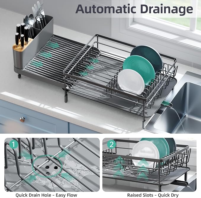 Urackify Extendable Dish Drying Rack, 18.5"-26.7" L x 12.7" W, Gray | Multifunctional large dish rack with cup holder and built-in cutlery holder for versatile drying needs - Image 4