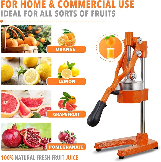 19 Inch Height Extra Tall Commercial Heavy Duty Cast Iron Hand Press Manual Orange Citrus Lemon Lime Grapefruit Pomegranate Fruit Juice Squeezer Machine with Stainless Steel Cup - Image 4
