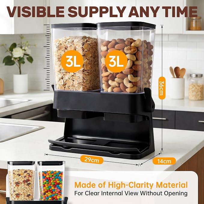 Cereal Dispenser Countertop 2 Pack, Double 3L Airtight | Cereal Storage Container for Kitchen Pantry, Large Capacity Clear Dry Food Organizer For Cereal, Nuts, Coffee Beans, Pet Food - Image 5
