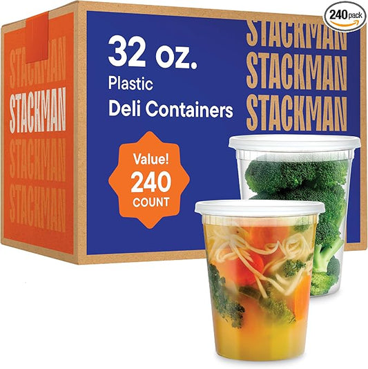 [240 Sets - 32 oz.] Clear Plastic Deli Food Storage Containers with Airtight Lids - Soup Containers - Bulk Pack - 240/Case - Stack Man Brand by StackMan