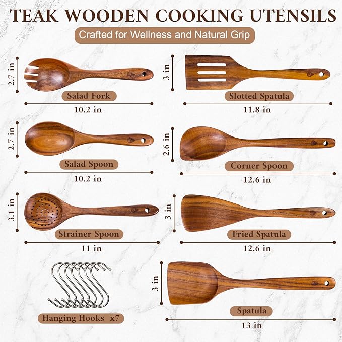 7 Pcs Teak Wooden Utensils Set, Wooden Cooking Utensil | Non-Toxic & Nonstick Safe Kitchen Utensil, Durable Comfort Grip， Heat Resistant Wood Cookware with Hooks - Image 2