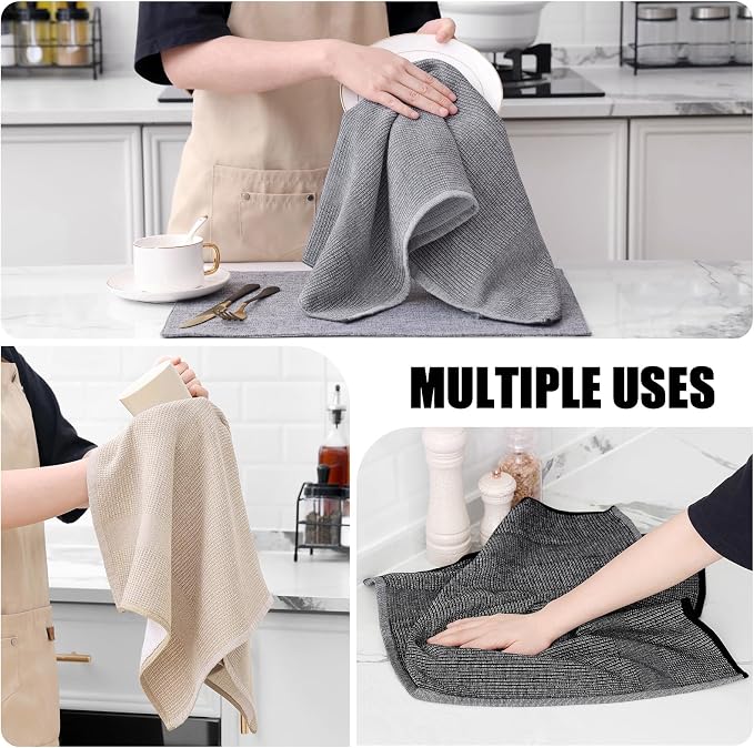 Homaxy 380 GSM Cotton Premium Kitchen Towels 3 Pack, 18"x 28", Mix | Flat and Terry Dish Towels, Highly Absorbent Tea Towel Set with Hanging Loop, Soft Kitchen Hand Towels, Grey/Khaki/Black - Image 4