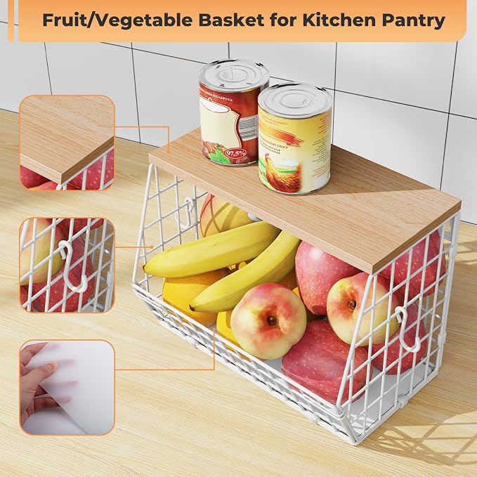 White Fruit Bowl Wire Basket Storage Pantry Fruit and Vegetable Storage Fruit Basket for Kitchen Counter Stackable Wall Mounted Hanging Basket Wire Basket with Wood Lid with Hanger Hooks - Image 3