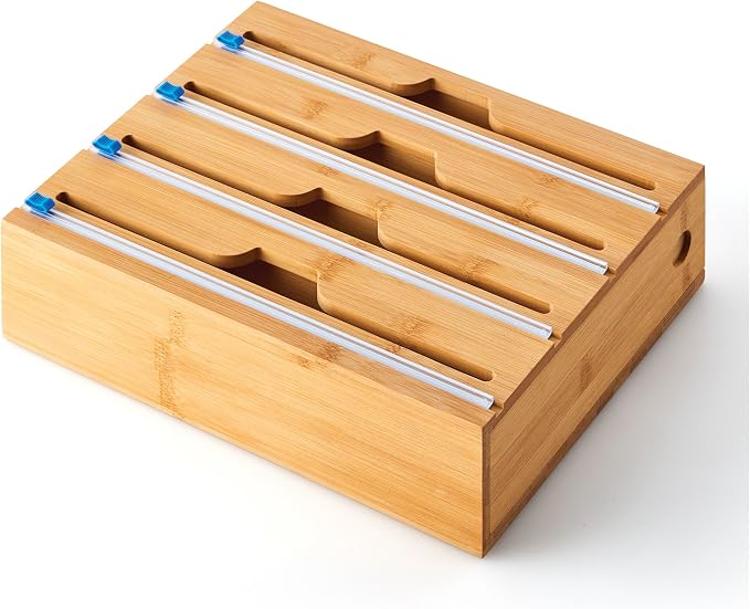 Copco In Drawer or Mounted 4 Compartment Organizer for Plastic, Foil, Wax and Parchment Paper featuring Easy Slide Tabs for Perfect Cut, With 21 Customizable Labels, Bamboo, 13.3 x 11 x 3 Inch by Copco