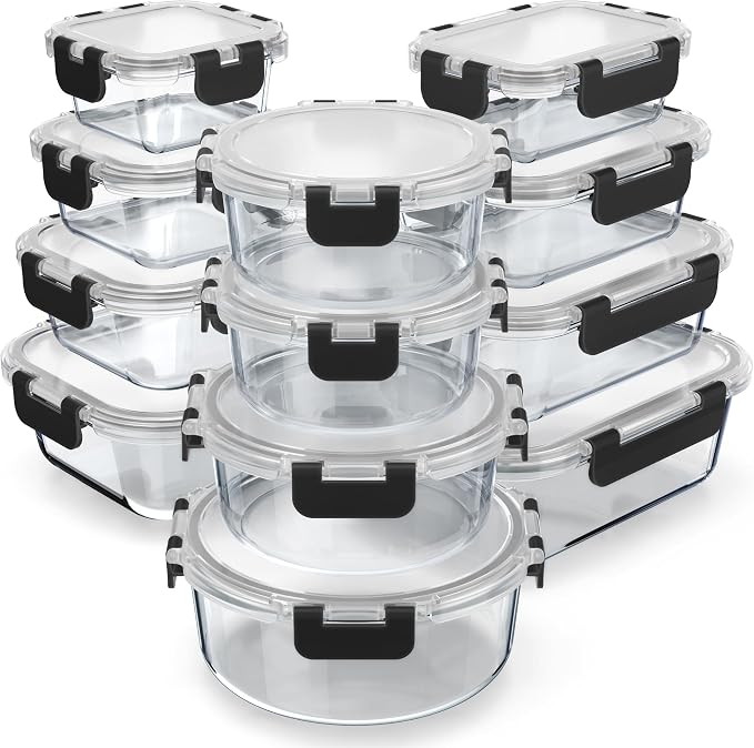 Bakken Borosilicate Glass Food Storage Containers with Lids 24 Pieces, BPA-Free Stackable Lunch & Leftover Containers, Microwave, Freezer & Dishwasher Safe, 100% Airtight Leak-Proof, Black by BAKK%C3%8BNMASTER