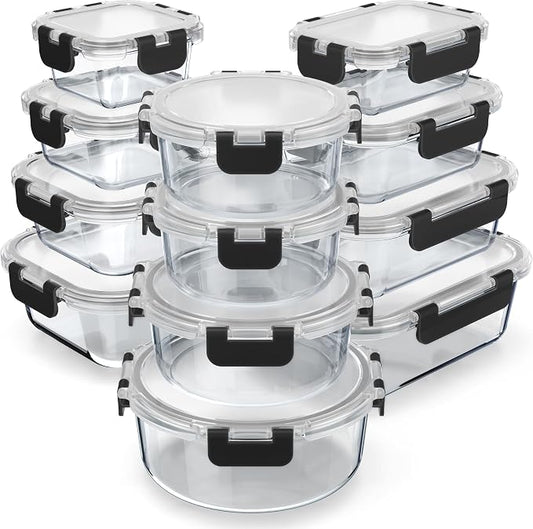 Bakken Borosilicate Glass Food Storage Containers with Lids 24 Pieces, BPA-Free Stackable Lunch & Leftover Containers, Microwave, Freezer & Dishwasher Safe, 100% Airtight Leak-Proof, Black by BAKK%C3%8BNMASTER