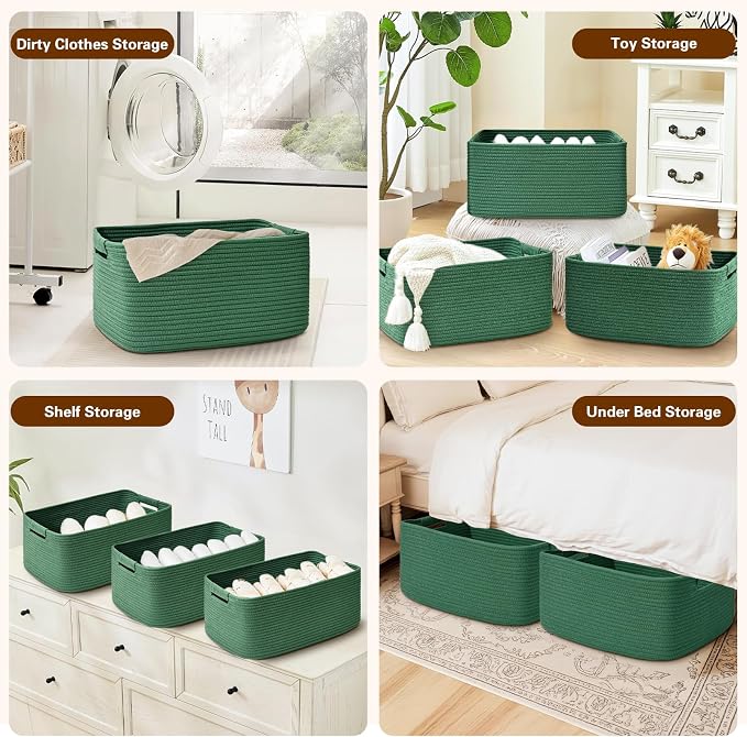 4 Pack Large Storage Basket for Organizing, 17.5"x13"x7" Woven Basket for Shelves, Closet Cube Storage Bins with Wrapped Handle, Cotton Rope Baskets for Kitchen, Clothes, Toys(Green) - Image 6