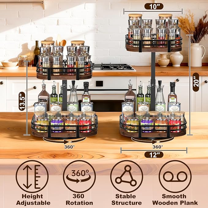 12" Large Lazy Susan Turntable Organizer - 2 Tier Spice Rack for Table Top | Rotating Wood Spice Cabinet Organizer for Pantry Kitchen Countertop Coffee Bar Cupboard Bathroom Vanity Storage - Image 2