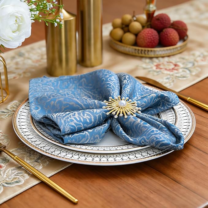 Blue Cloth Napkins Set of 4, 18 x 18 Inch Dinner Napkins | Reusable Washable Cotton Polyester Soft Luxury Elegant Fancy Jacquard Fabric Table Napkins - Image 4