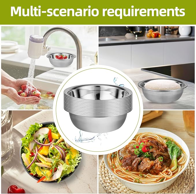 10 Pack 9.45 x 2.68 Inch Stainless Steel Mixing Bowls for Bulk Food Prep with Nesting Design for Hotel Restaurant and Home Kitchen Cooking in Silver - Image 4