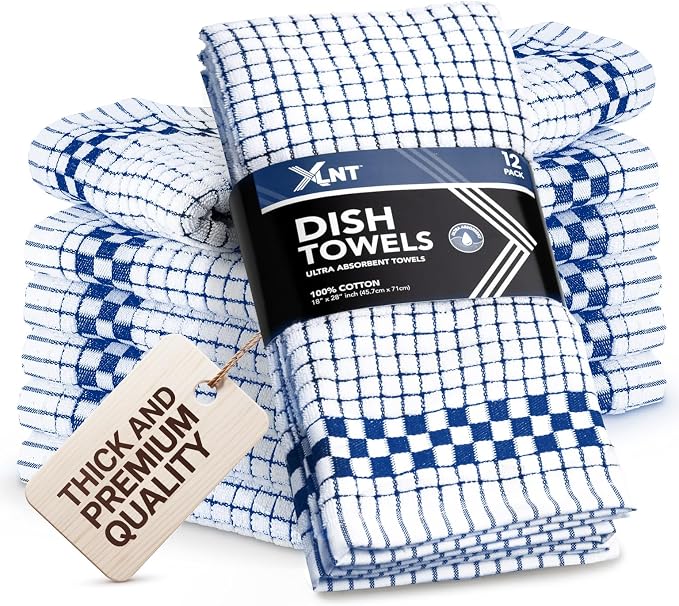 XLNT Highly Absorbent Kitchen Dish Towels 100% Cotton 18x28 inch – Ultra-Thick Dishcloths – Premium Weave for Drying & Cleaning – Soft, Durable & Lint-Free – Pack of 12 Blue by XLNT