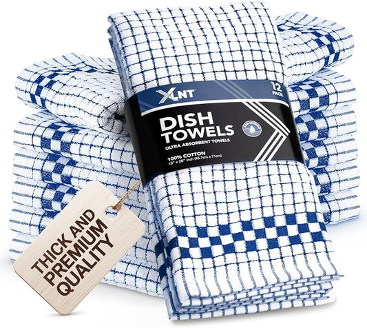 XLNT Highly Absorbent Kitchen Dish Towels 100% Cotton 18x28 inch – Ultra-Thick Dishcloths – Premium Weave for Drying & Cleaning – Soft, Durable & Lint-Free – Pack of 12 Blue by XLNT