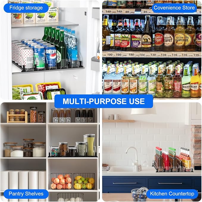 6 Rows Black Drink Organizer for Fridge, 3rd Gen Refrigerator Organizers and Storage, Automatic Pusher Glide and Adjustable Width Can Organizer for Refrigerator - Holds up to 30 Cans - Image 6