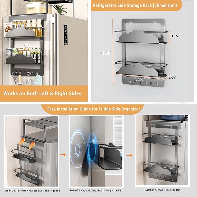 Adjustable Over The Fridge Organizer Side Magnetic Spice Rack,12.4"-23.62" Expandable Top Shelf with Hook & Magnetic Dual Fixed Spice Rack, Fits Most Large Kitchen Laundry Appliances,Dark Grey - Image 4