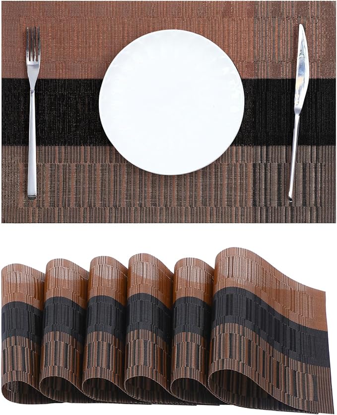 Leetaltree Brown with Black Striped Placemats Set of 6 - Heat Resistant Non-Slip Place mats for Dining Table, Washable Durable PVC Vinyl Woven Table Mats（Brown Stripe, 6） by Leetaltree-ArtatEveryTable