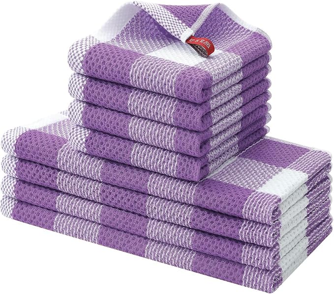 Homaxy Kitchen Towels and Dishcloths Set, Set of 8, White & Purple | Bulk Cotton Waffle Weave Check Plaid Kitchen Towels, Super Soft and Absorbent Dish Cloths, 12 x 12 and 13 x 28 Inches by Homaxy