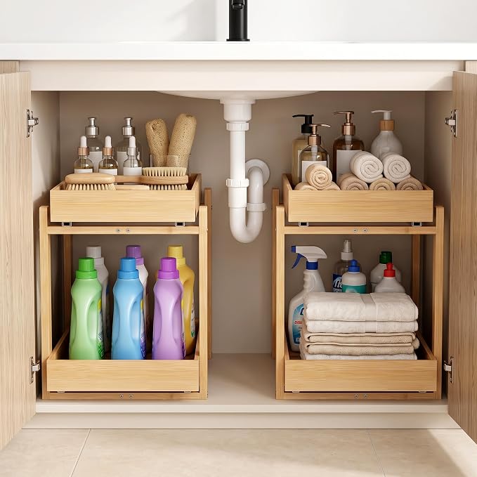 MHXW SXPN Bamboo Under Sink Organizer, 2 Pack Pull Out Cabinet Organizer | 2 Tier Vertical Smooth Slide Out Undersink Storage Shelf | Multi-Purpose Organizer Shelves for Kitchen Bathroom Medicine - Image 5