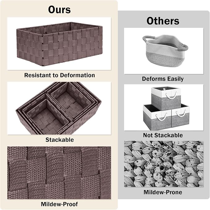 Storage Baskets with Lids: 6 Pack Stackable Woven Storage Bins, Brown | Decorative Woven Baskets for Organizing with Built-In Handles for Shelves, Closets, Cabinets and Cubbies, Gift Small Basket - Image 5