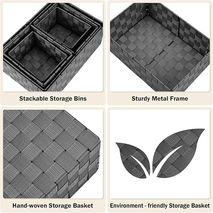 Storage Baskets with Lids: 6 Pack Stackable Woven Storage Bins, Black | Decorative Woven Baskets for Organizing with Built-In Handles for Shelves, Closets, Cabinets and Cubbies, Gift Small Basket - Image 4