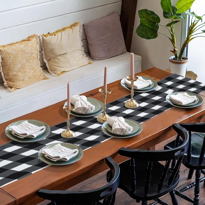 Cupuamon Fabric Checkered Table Runner 12 Pack Waterproof Gingham Table Runner 14W x 108L Buffalo Check Table Runners for Parties Kitchen Dining Wedding Banquet (Black and White) - Image 7