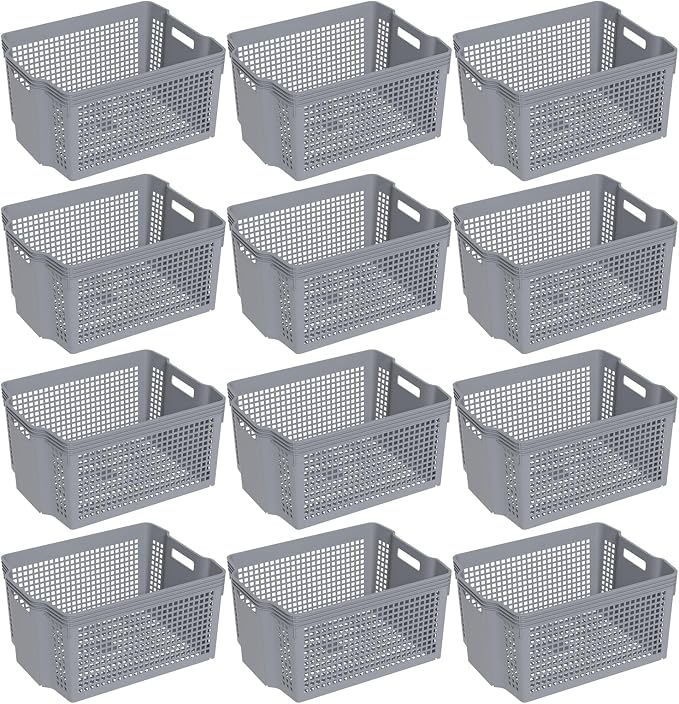 12-Pack Plastic Weave Storage Baskets, Large Stackable Bins | Grey Pantry Organizer Baskets for Kitchen Cabinets, Bathroom, Bedroom; Durable, Ventilated, Easy-Grab Design - Image 6